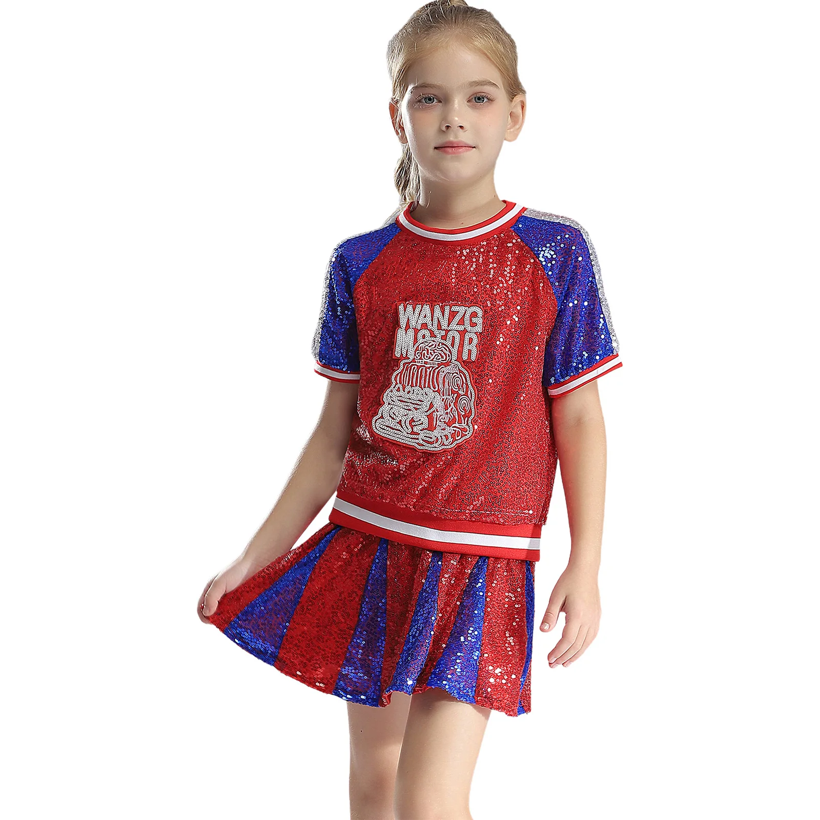 Children Girls Jazz Dance Cheerleading Performance Dancewear Short Sleeve Tops with Skirt Shorts for Sport Meeting School Party