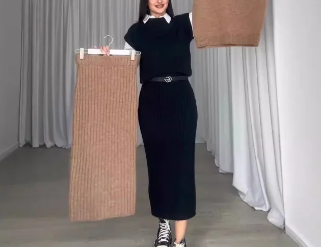 Elegant Two Piece Set for Woman Winter O-Neck Short Sleeved Knitted Vest Slim Fit High Waisted Skirt Set Urban Daily Skirt Set