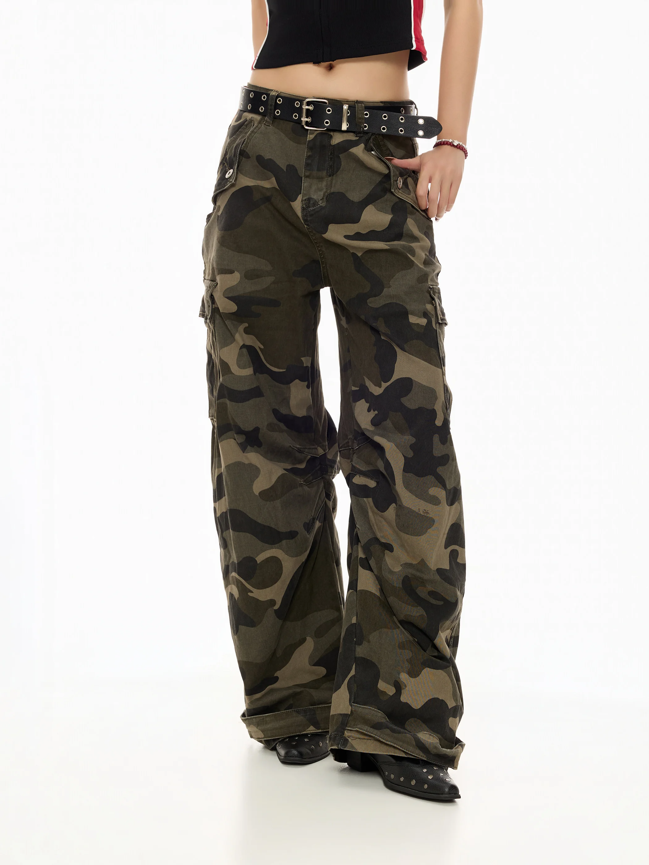 

American Retro Camouflage Multi-Pocket Work Pants Women Loose Wide Leg Casual Pants Floor-Length Pants City Walk