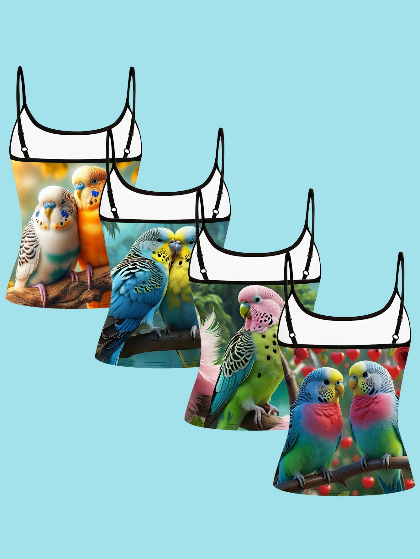 4-Piece Set of Couple's Parrot Print Camisoles, Colorful Finch Bird Thin-Strap Sleeveless Tops, Natural Style Slim-Fit Inner and Outer Wear Vest Set