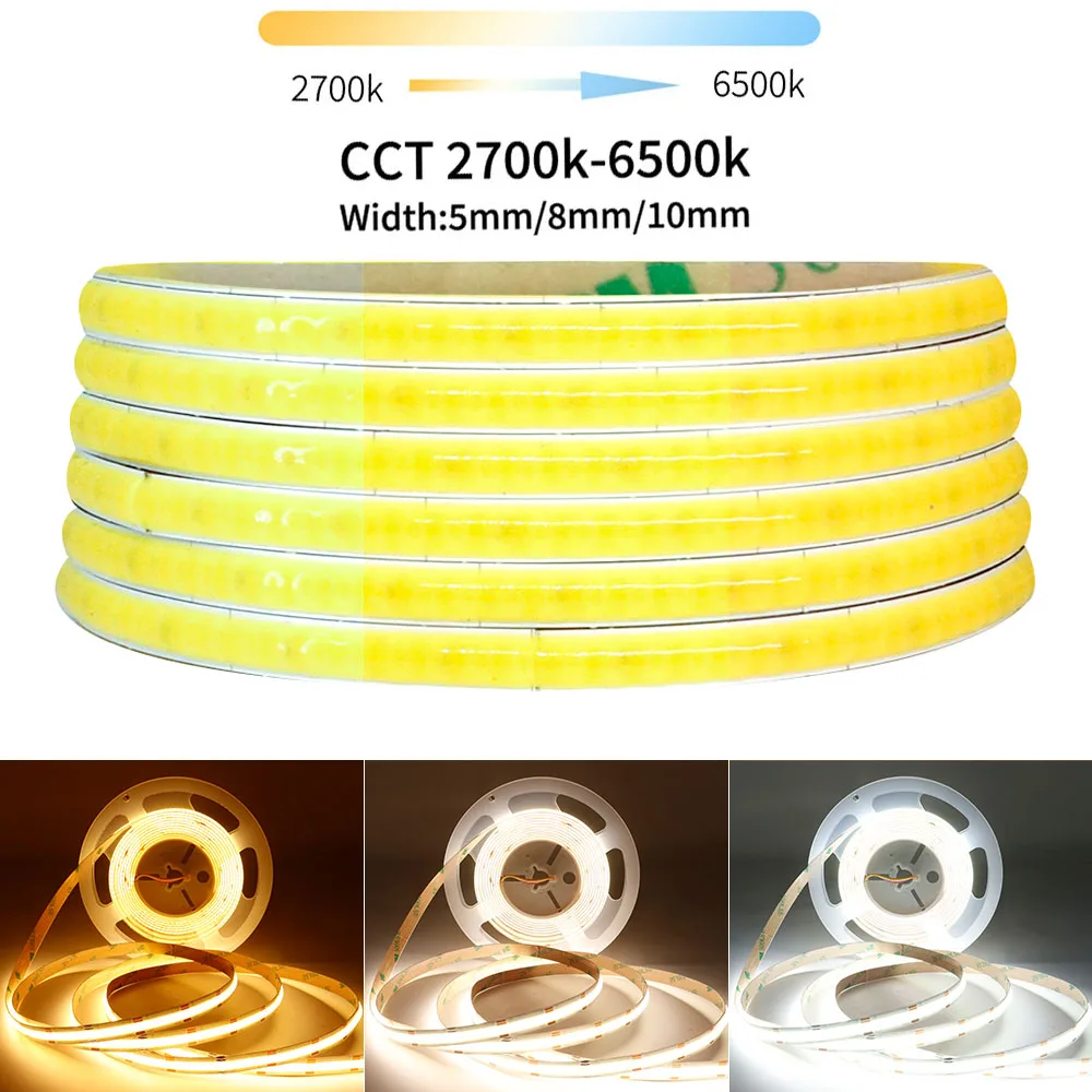 

DC12V/24V COB CCT LED Strip Lights 608Leds/m Color Temperture 3000K TO 6000K Flexible LED Tape 5/8/10mm PCB Width Light RA90