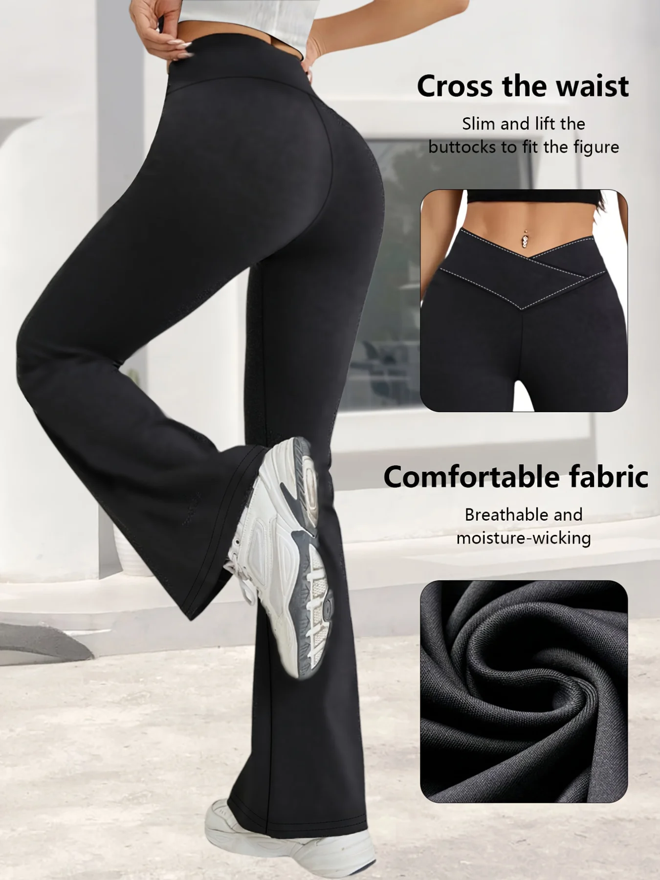 Spring Black Leggings High Waist Stretch Wide Leg Pants Slightly Flared Hems Cross Waist Design For Casual Sports Long Trousers image 4