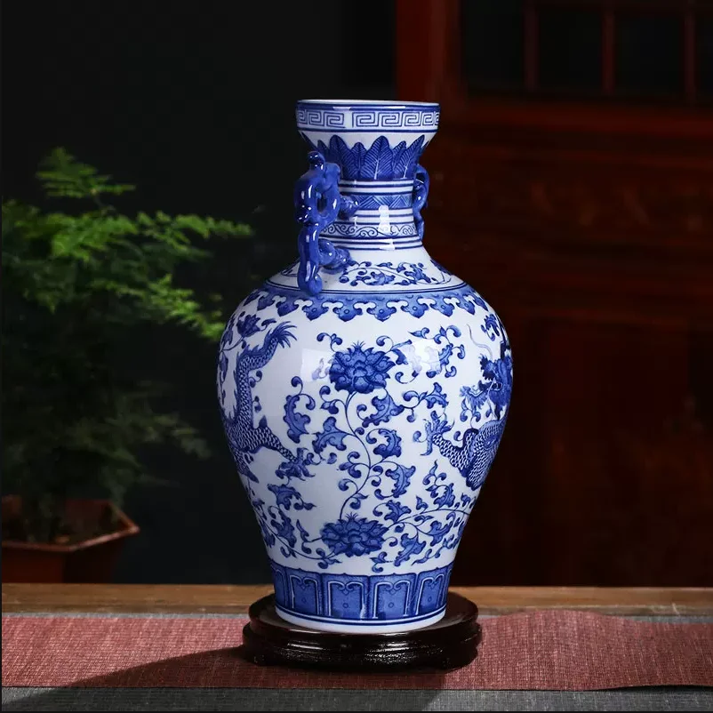 33cm/Large Sized Jingdezhen Ceramic Vase, Chinese Blue and White Porcelain, Antique Living Room, Household Flower Arrangement Va