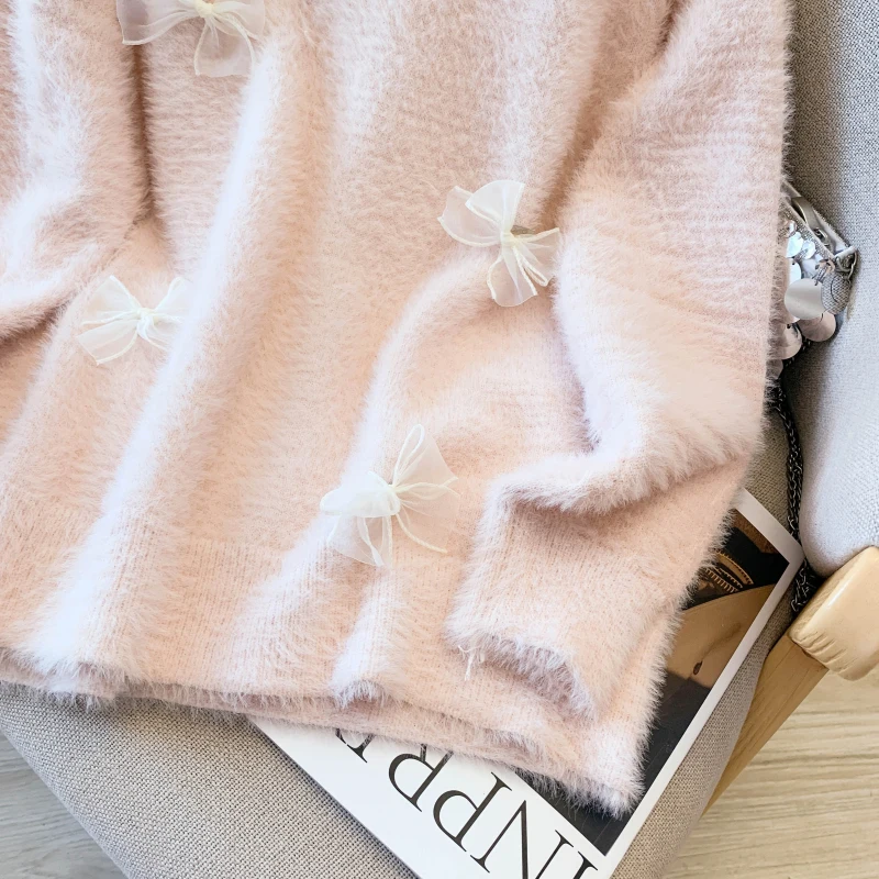 MEXZT Sweet Bow Sweater Women Kawaii Cute Pink Mink Cashmere Knitted Pullovers Korean V Neck Halter Knitwears Winter Jumpers New