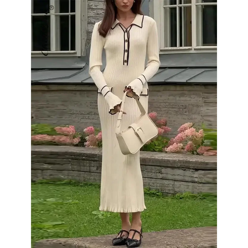 Elegant Ruffled Knit Women Dress 2024 Autumn Ribbed Contrast Long Sleeve Hip Package Lapel Slim Dress Female Ladies Maxi Dress