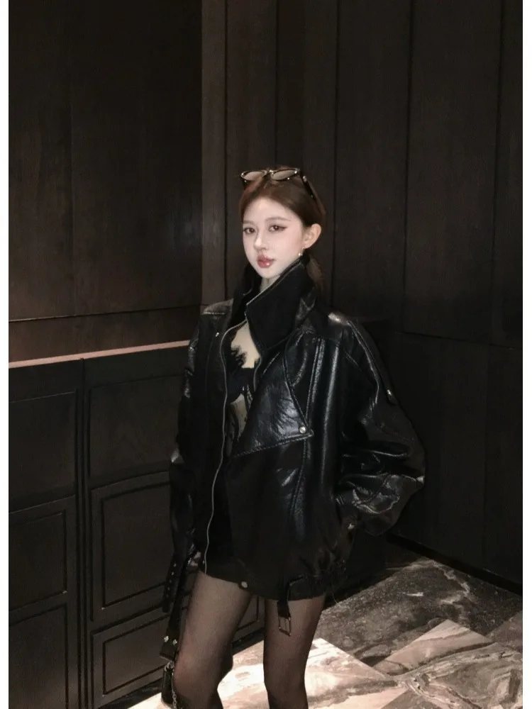 Americano retro slized biker jaet feminino início do outono novo casaco de couro bla high-end versátil zíper sve casaco longo
