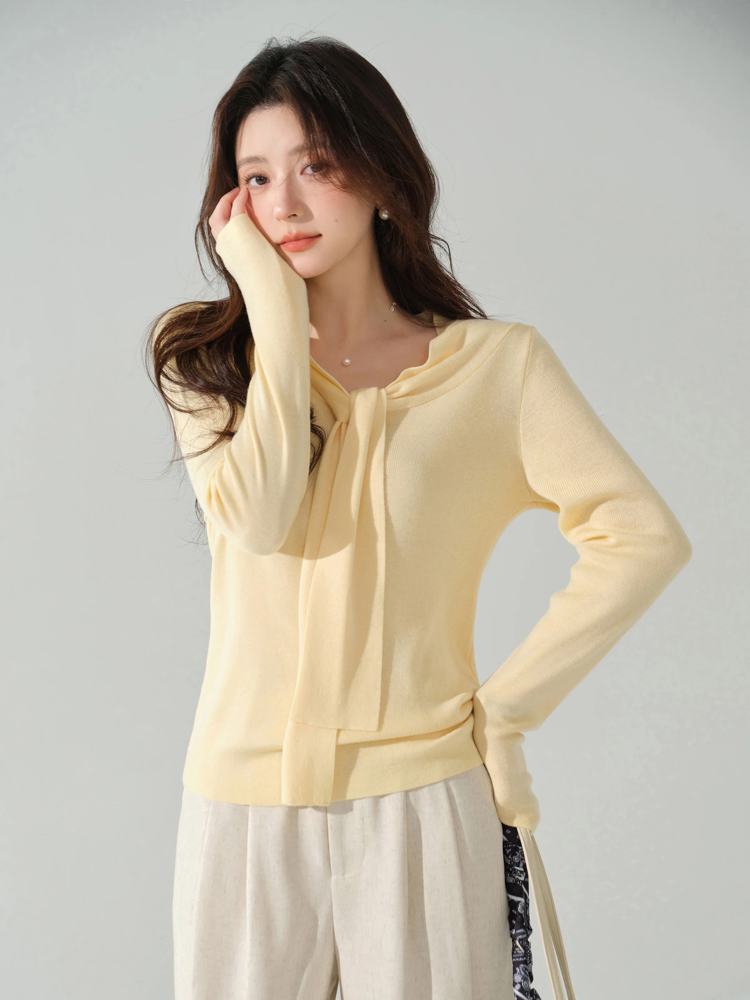 Women Elegant Knit Top V Neck Sweater Slim Stylish Long Sleeve Blouse Autumn Design Sense Pullover with Tie Detail Layered Look