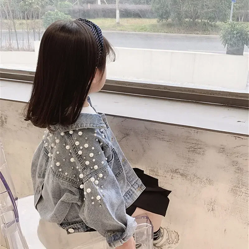 2023 Pearls Beading Denim Jacket for Girls Fashion Coats Children Clothing Autumn Baby Girls Clothes Outerwear Jean Jackets Coat