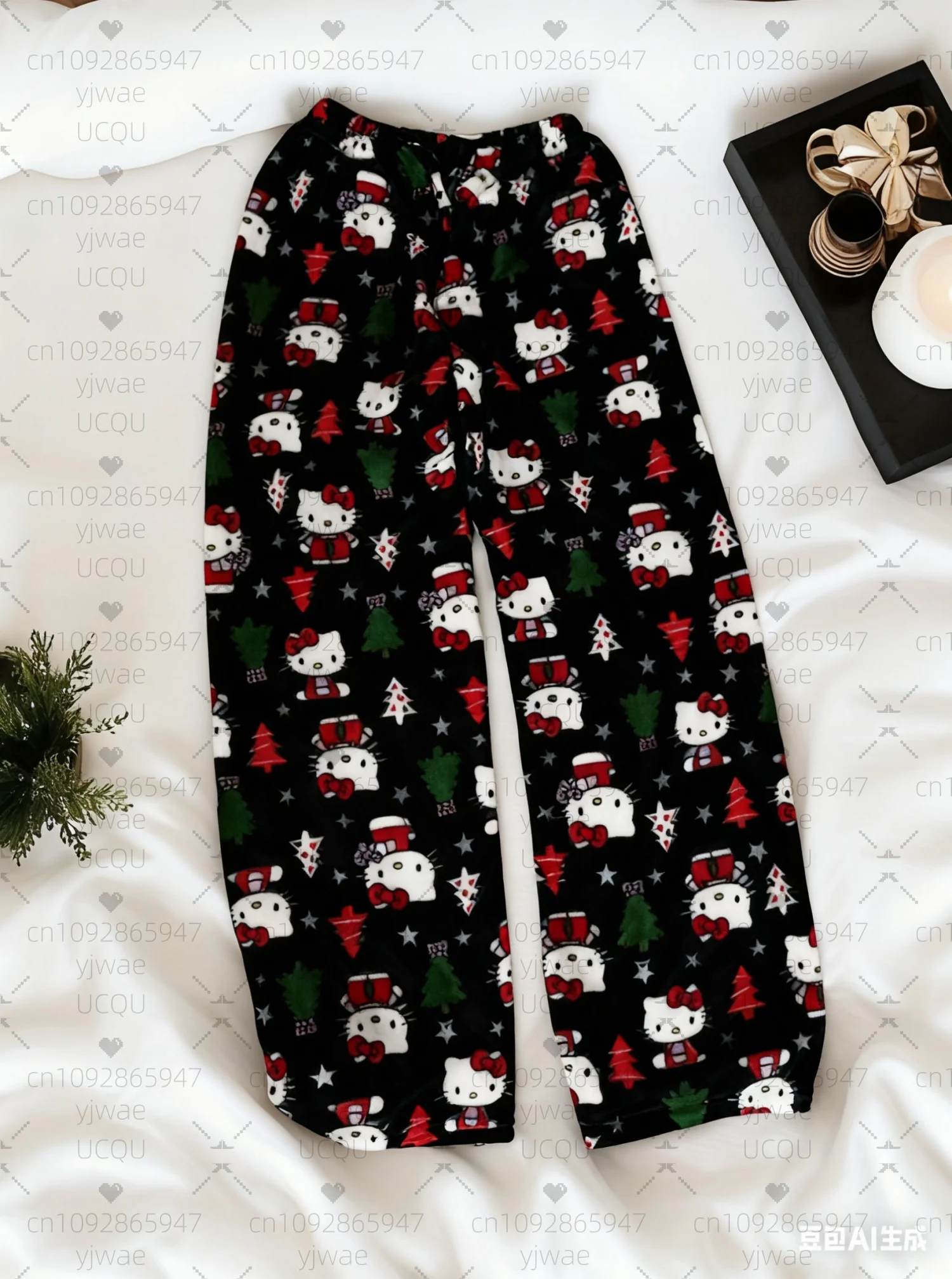 2025 inverno calças de pijama feminino olá kitty árvore de natal calças de pelúcia-solto cor bloqueando calças de pijama roupas femininas
