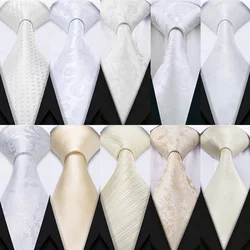 Fashion Silk White Mens Wedding Tie Hanky Set Barry.Wang Designer Paisley Beige Floral Neckties For Male Gift Party Groom Office