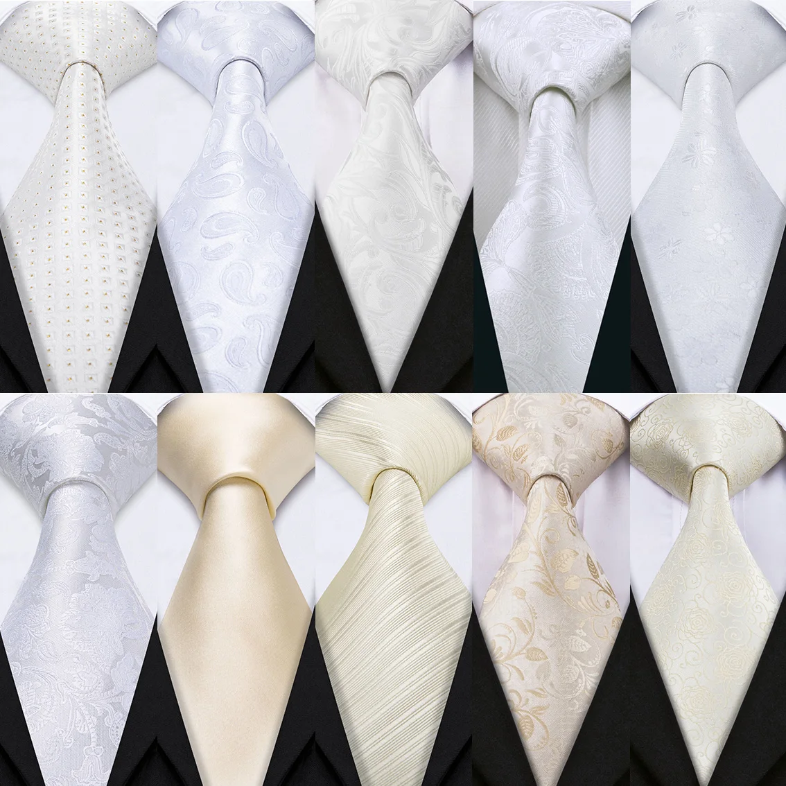 Fashion White Mens Wedding Tie Hanky Set Barry.Wang Designer Paisley Beige Floral Neckties For Male Gift Party Groom silk Office