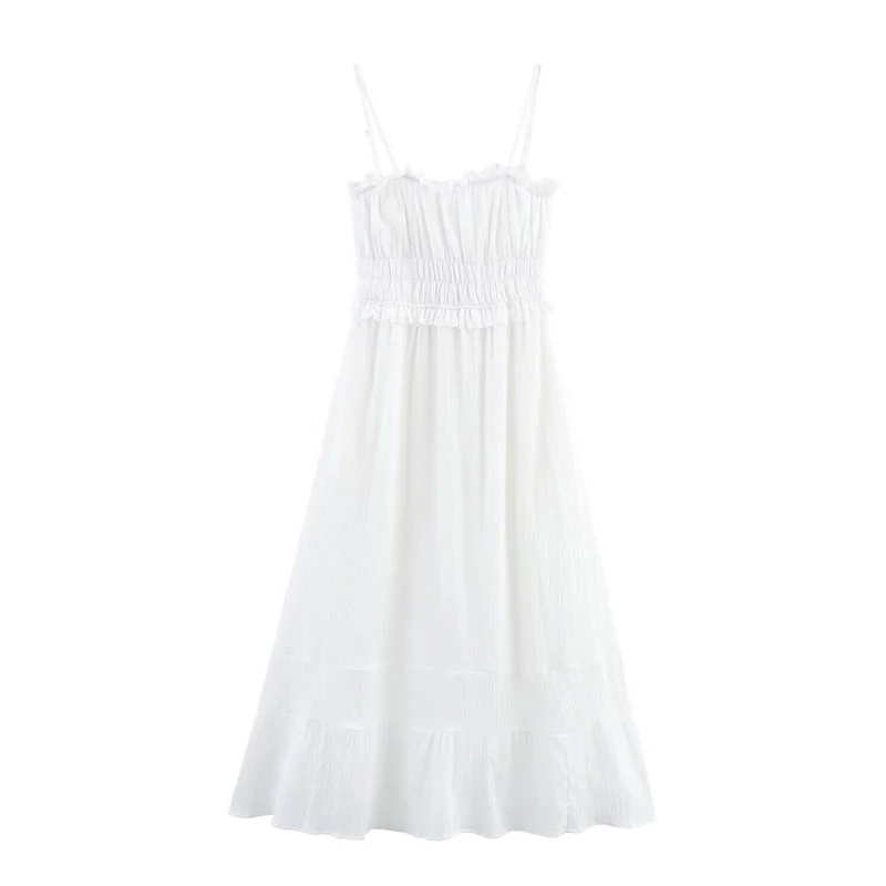 

YENKYE Sexy Thin Spaghetti Straps White Dress Women Holiday Summer A-line Midi Dresses 2025 Vestidos