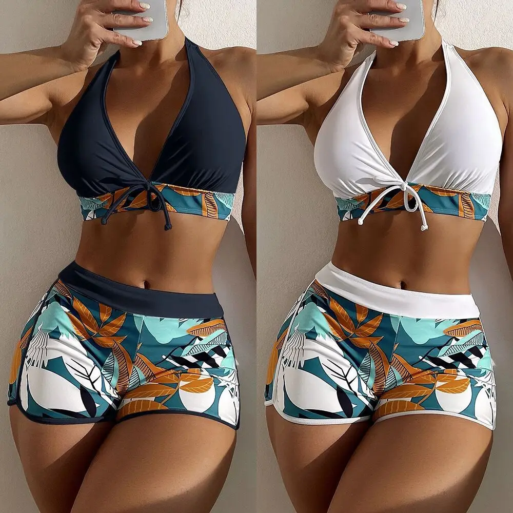 

Cikini Women's Split Swimsuit High Waist Flat Lace Print Solid Splice Bikini Two-Piece Beach Swimwear Bathing Suit For Female