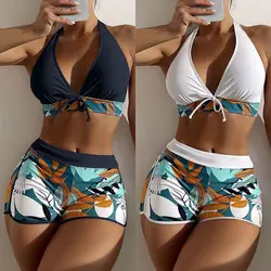 Cikini Vrouwen Split Badpak Hoge Taille Platte Kant Print Solid Splice Bikini Twee Stuk Strand Badmode Badpak voor Vrouwelijke