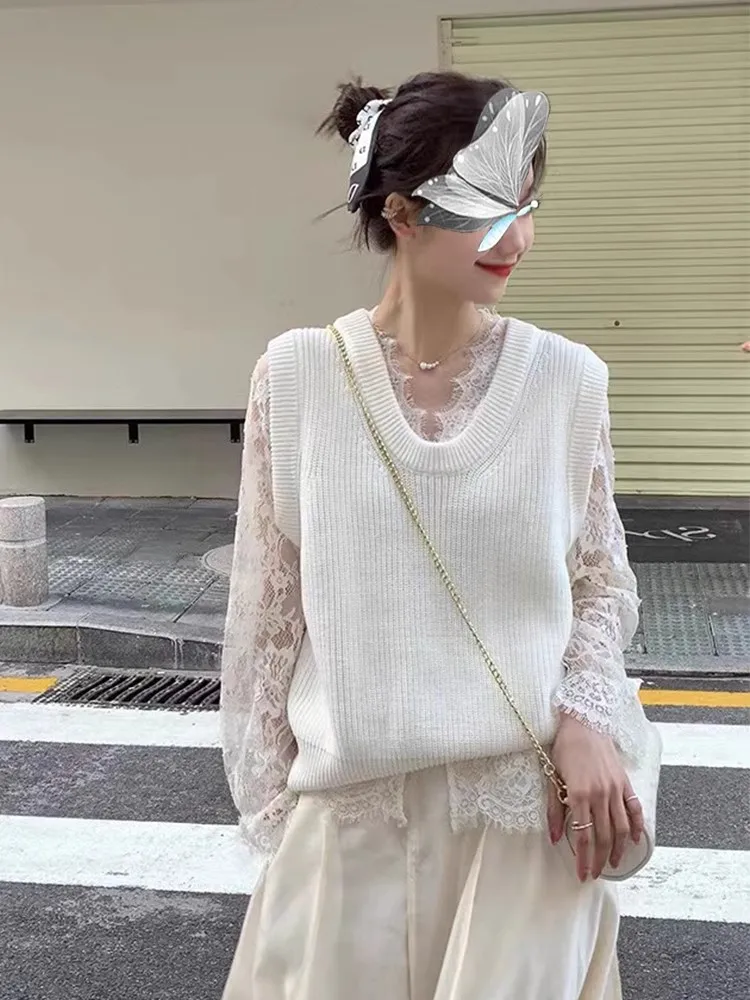 

Женская кружевная базовая блузка нового стиля: весенне-осенняя верхняя одежда, ажурный тонкий сетчатый топ с длинными рукавами, зимний топ с V-образным вырезом и рукавами-колокол