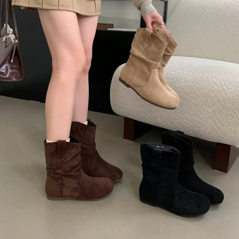 

Trendy Korean Style Matte Soft Sole Wrinkled Short Boots for Women Melad Style Matching with Skirts Slip-on Pile Boots