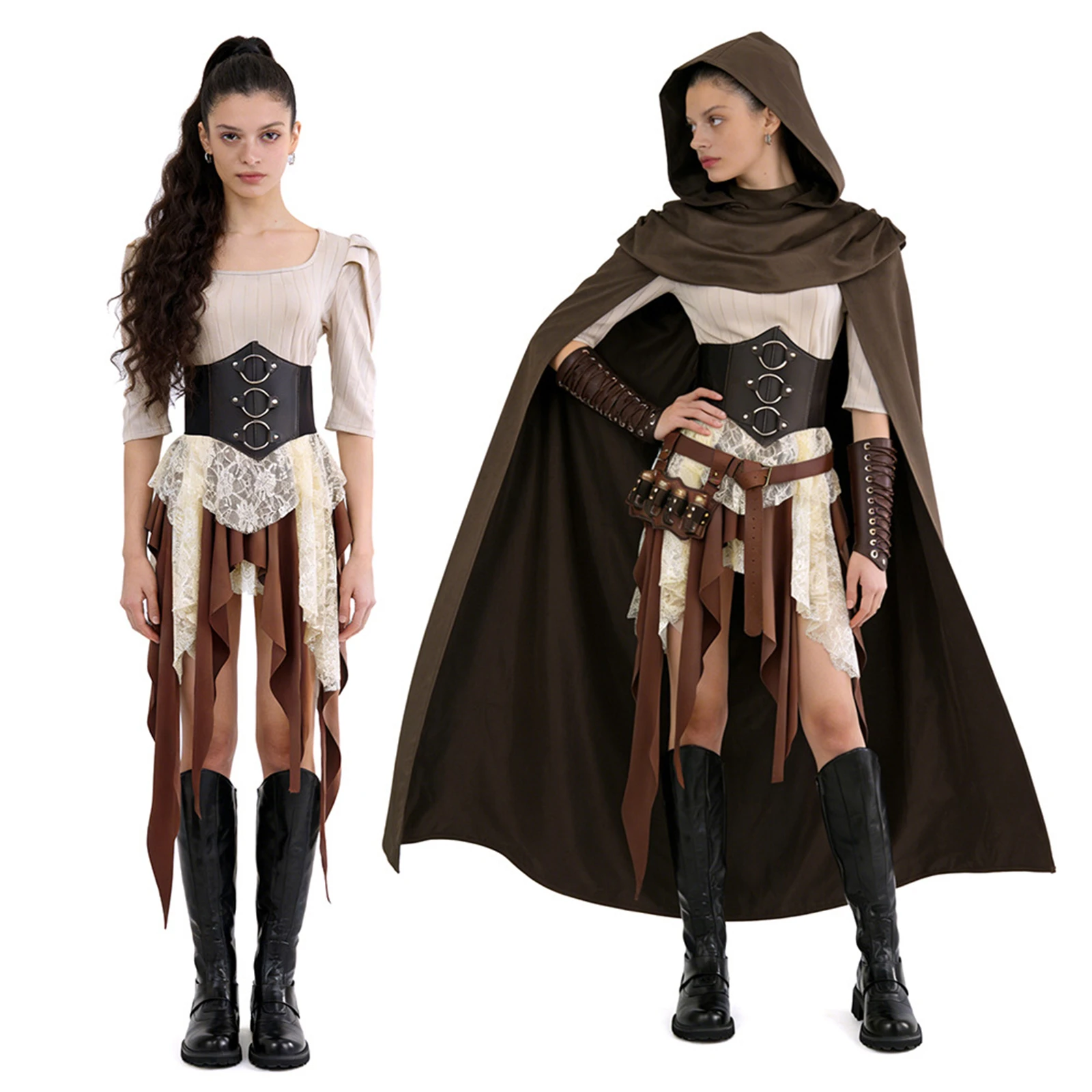 

AwwwCos Women Renaissance Cosplay Costume Medieval Viking Warrior Outfit Hooded Cloak Cape Corset Skirt Belt for Halloween