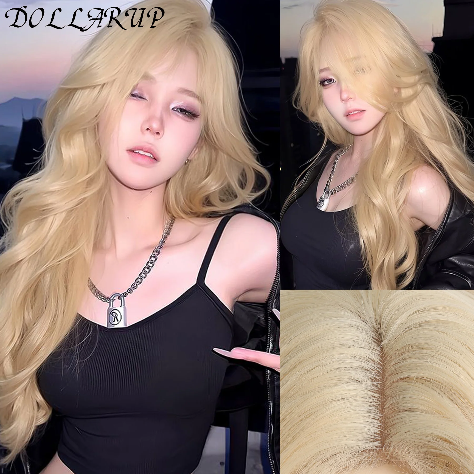 

DOLLARUP Highlight Blonde Long Body Wave Hair Wigs For Women 24 Inch Long Curly Wavy Hair Wigs Synthetic Fiber Hair Wigs