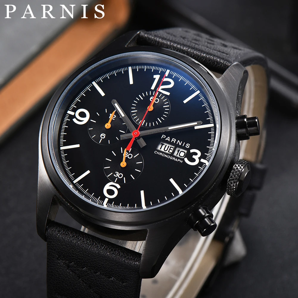 

Parnis 42mm Black Color Chronograph Japan OS00 Quartz Watch Men Stainless Steel Case Wristwatch