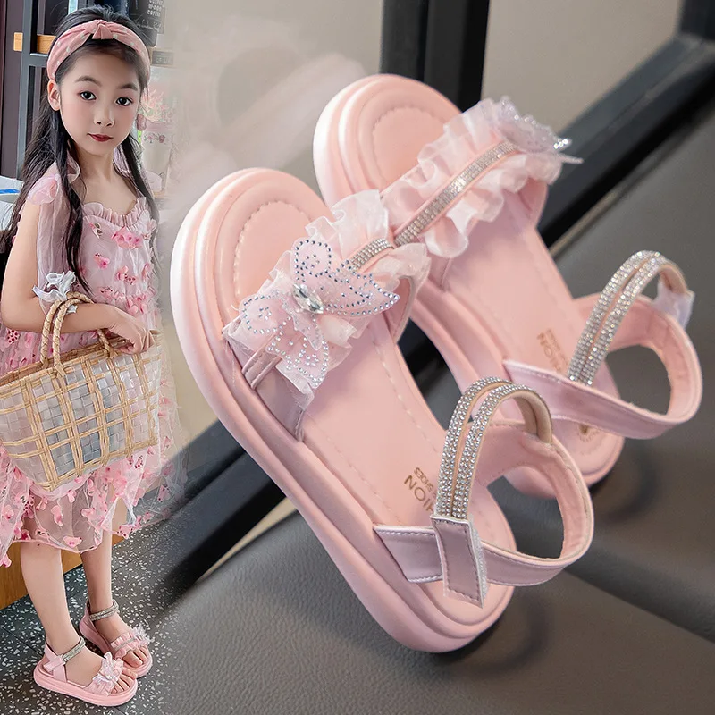 2026Girls Fashion Sandals Sweet Lace Soft Bottom Kids Casual Princess Shoes Non-slip 2026 Summer New Children Beach Shoes Trendy