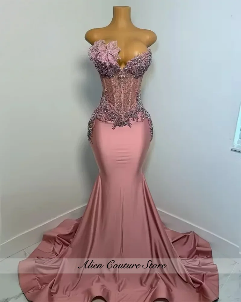 2026 Pink Long Prom Dresses Sparkly Beaded Crystal Gems Evening Dress 3D Flowers Birthday Party Gowns Robe De Bal Customized