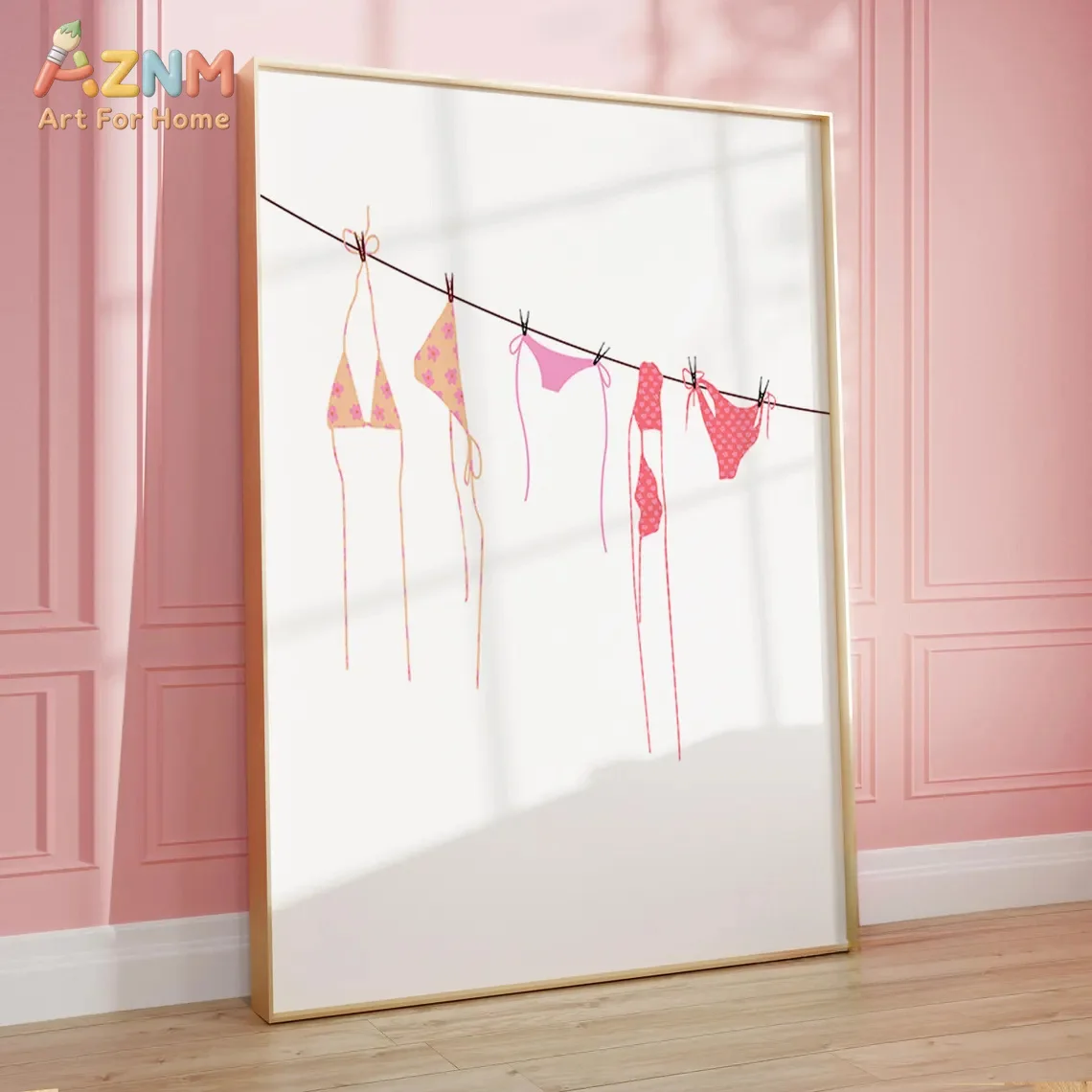 AZNM Pastel Pink Coastal Canvas Print Seashell Starfish Floral Bikini Line Meet Me At The Beach Cute Summer Girly Bedroom Wall D