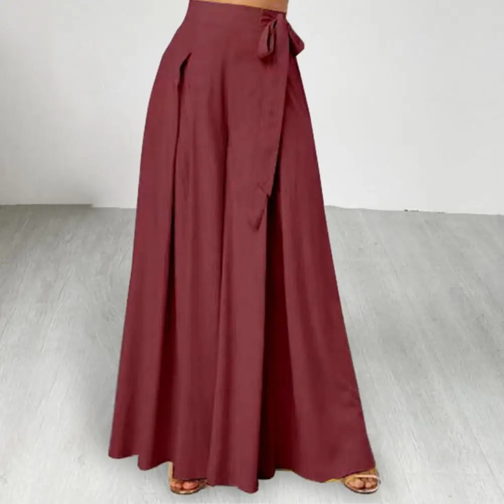 Elastic Waist Wide-leg Trousers Elegant Lace-up Bow Wide Leg Pants for Women High Waist Culottes with A-big Hem Crotch