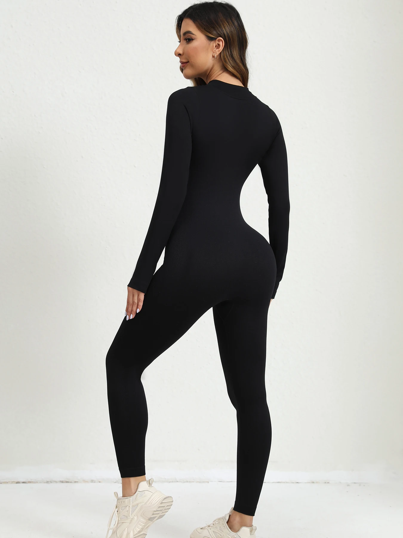 Women Rompers Ribbed long Sleeve Zip Front Stretch Tummy Control Yoga Workout Rompers