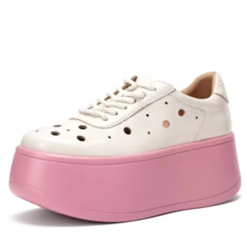 Genuine Leather Hollow Breathable Hole Soft Sole Casual Board Shoes for Women's Spring/summer Comfortable Height Increasing Shoe