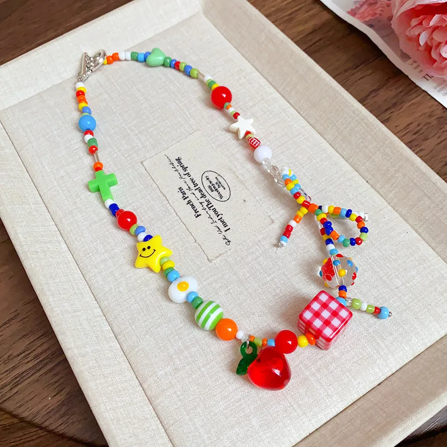 لطيف ملون الكرتون الفاكهة القوس الخرز المختنقون القلائد للنساء الفتيات الحلو 2000s Y2K مجوهرات الحفلات اكسسوارات الجمالية F