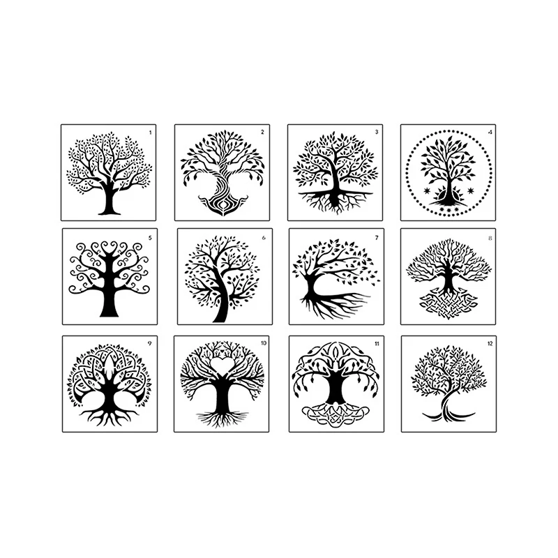12Pcs Reusable Tree Stencils Set Tree Of Life Stencil For Painting On Wood Airbrush Drawing Templates Crafts Drawing Stencils