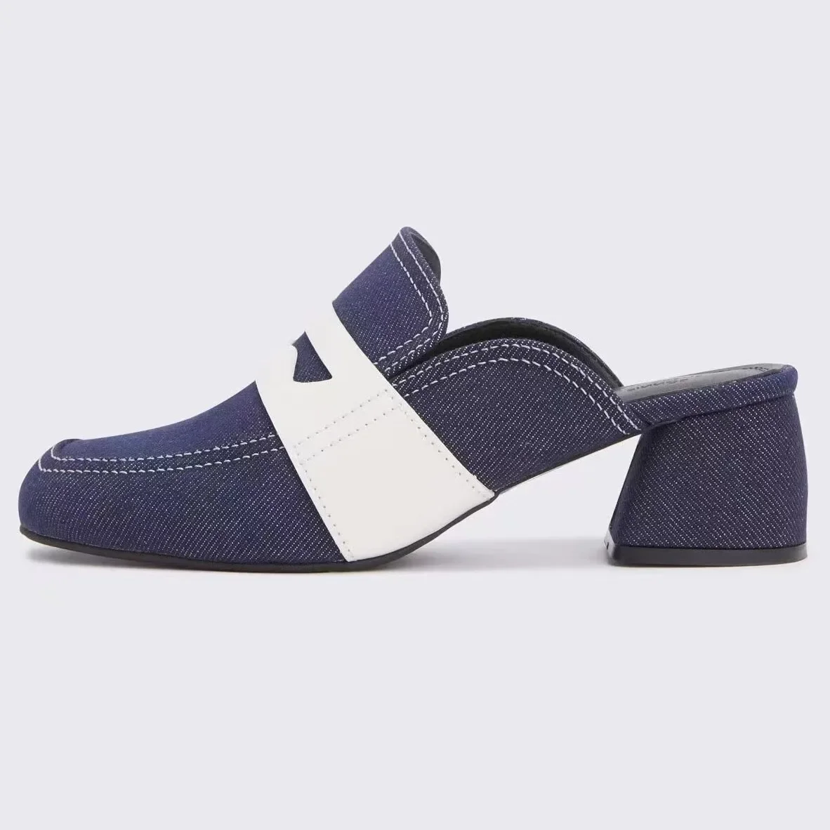 Retro Color Block Denim Slippers Round Square Toe Chunky High Heel Mules Casual Outdoor Wear Slip-On Women Shoes Sandalias Mujer