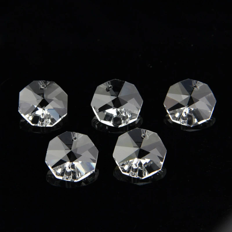 100Pcs 14mm K9 Crystal Octagon Beads 1/2 Holes Clear Faceted Glass Loose Beads for Chandelier Jewelry DIY