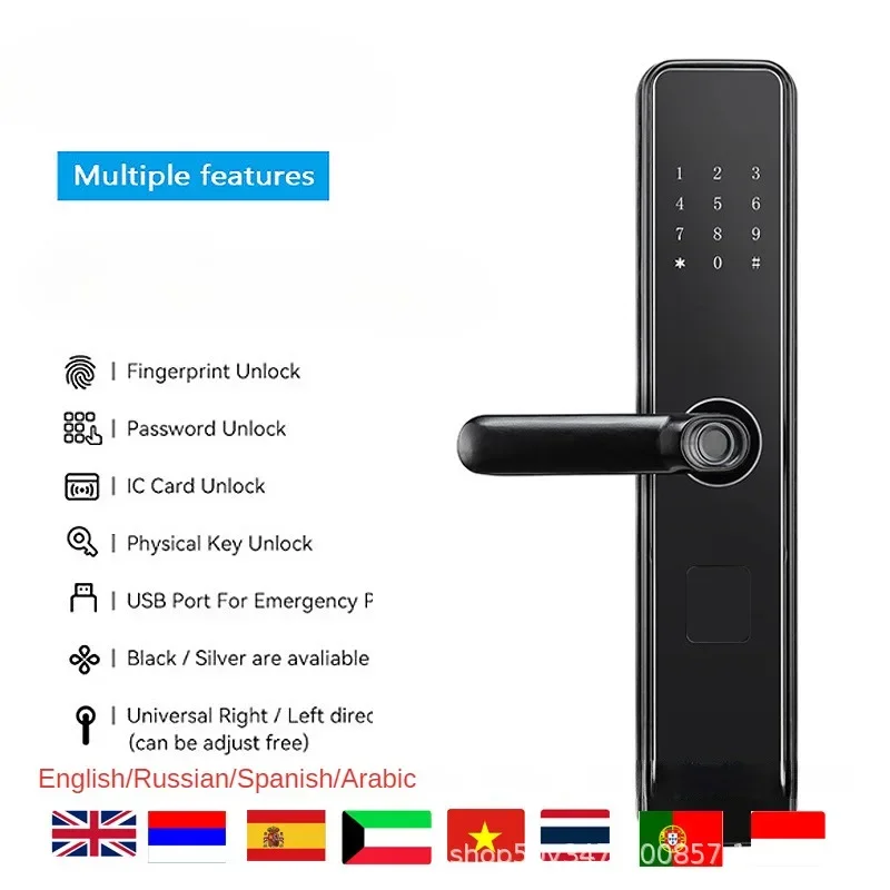 

Electronic Smart Door Lock with Biometric Fingerprint/Smart Card/Password/KeyUnlock/USB Emergency Charge with English Arabic