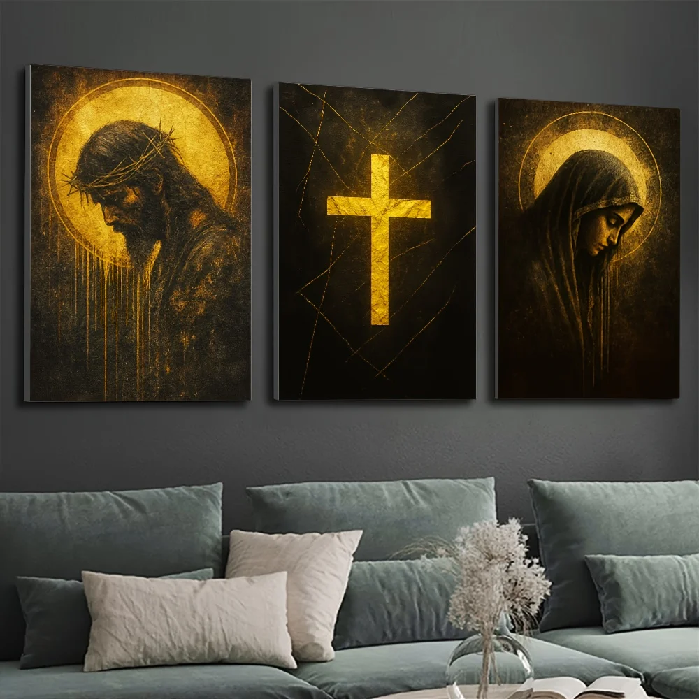 3pcs Religious Canvas Wall Art Set Jesus and Virgin Mary with Golden Cross Design Home Office  Church Decor Indoor Mural Decor