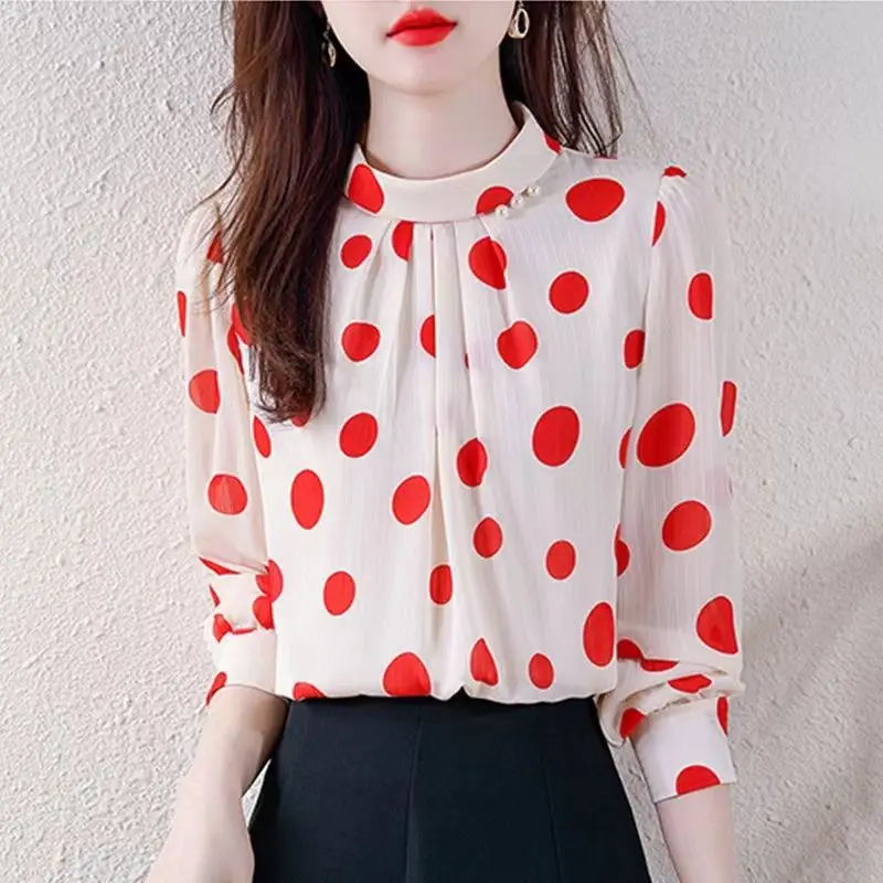 

Elegant Printed Beading Folds Polka Dot Chiffon Blouse Female Clothing 2023 Summer New Oversized Casual Tops Office Lady Shirt