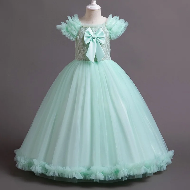 Vestido de princesa flor de manga voadora para meninas e meninos, Banquete Bow Tie, Vestido de noite high-end, novo, 4-12 anos