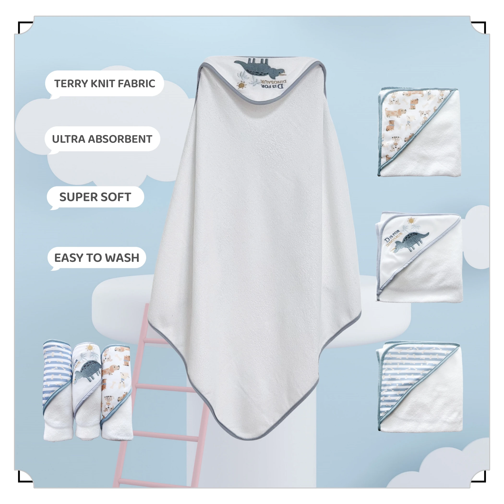

Pack of 3，1pc Embroidery and 2pcs Printed Baby Washcloth Hooded Bath Towels 28inch x28inch for Newborn Boys and Girls, Soft Tow
