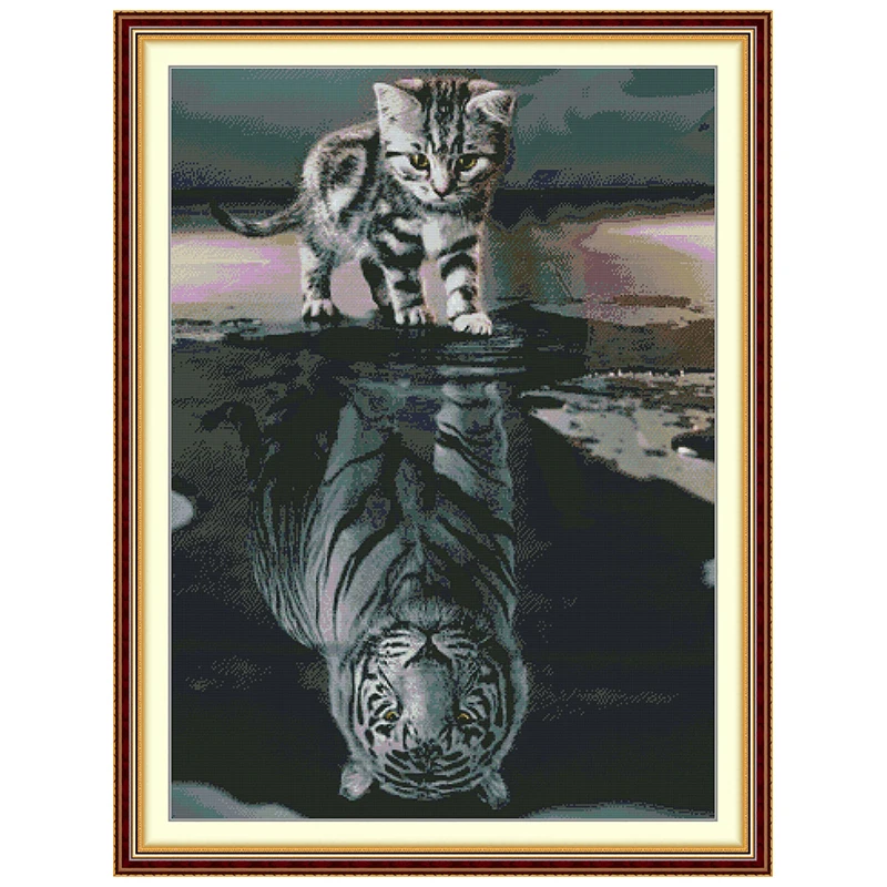 Cat in Water Change Tiger Patterns Counted Cross Stitch Set DIY 11CT 14CT 16CT Stamped Cross-stitch Kit Embroidery Needlework