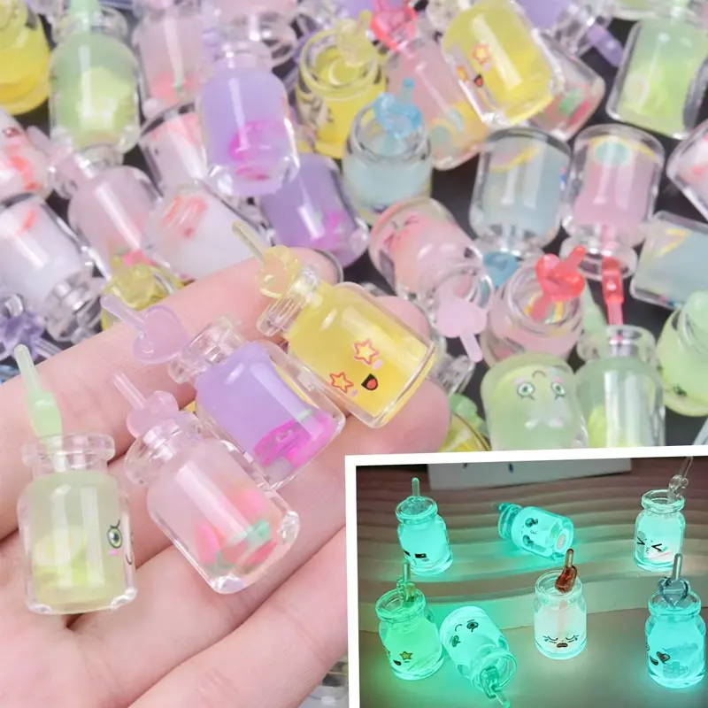 10pcs Luminous Cute Expression Pattern Simulation Juice Cup Charms for DIY Making Resin Glow In The Dark Pendant Jewelry Craft
