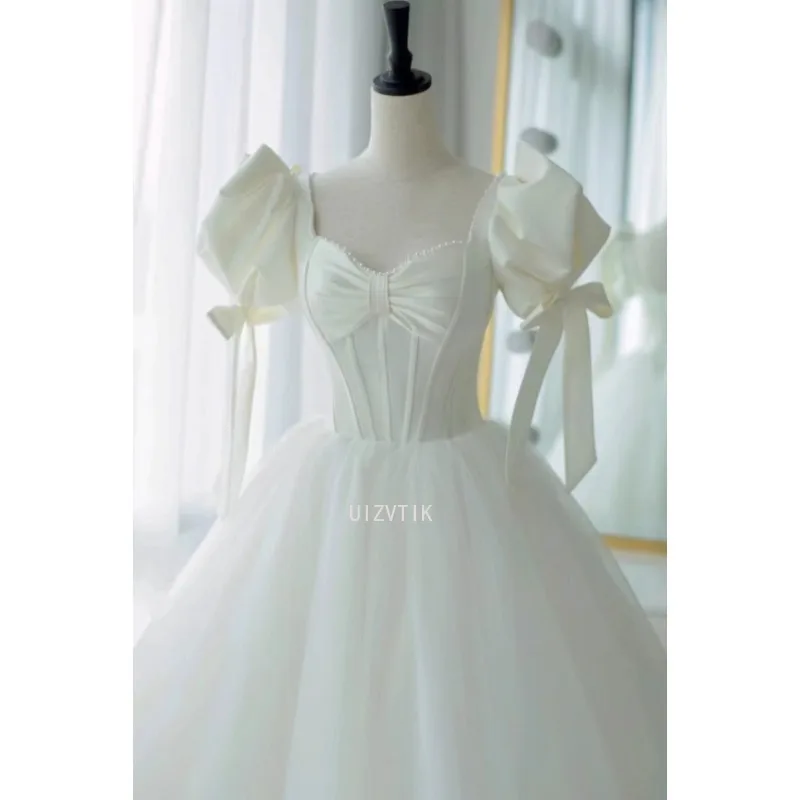 Gaun Pengantin Putri Manis Elegan Putih Gaun Pengantin Panjang Pergelangan Kaki Lengan Puff Pita Wanita Gaun Pesta Malam Formal Wanita