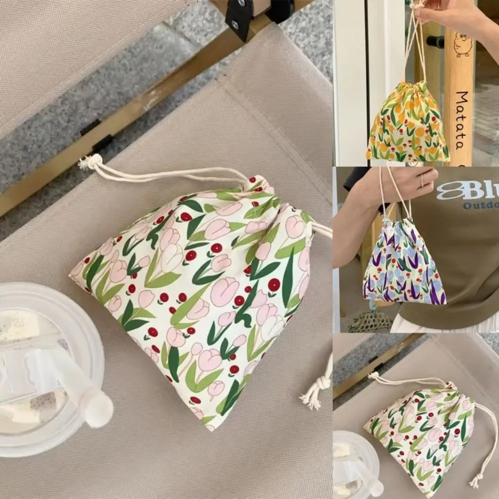 ファッションキャンバス巾着収納袋チューリップポータブル雑貨バンドルポケット巾着口財布女性