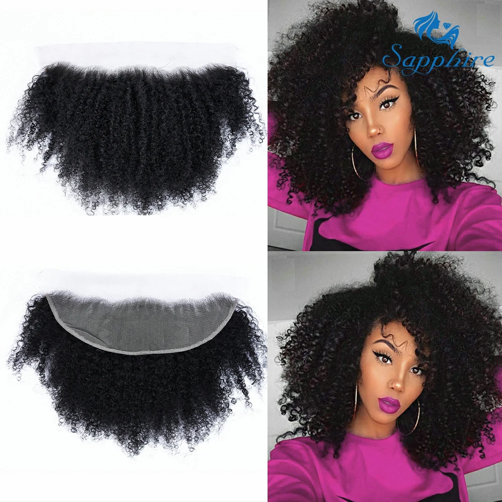 Sapphire-Peluca de cabello humano rizado para mujer, postizo de encaje Frontal de 13 4x4x4, pelo brasileño Afro con cierre de encaje suizo prearrancado