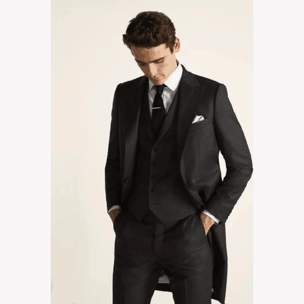 

Black Slim Tailcoat Slim Men Suit Single-breasted Peak Lapel 3 Pieces(Jacket+Pants+Vest) Male Formal Wedding Party Set