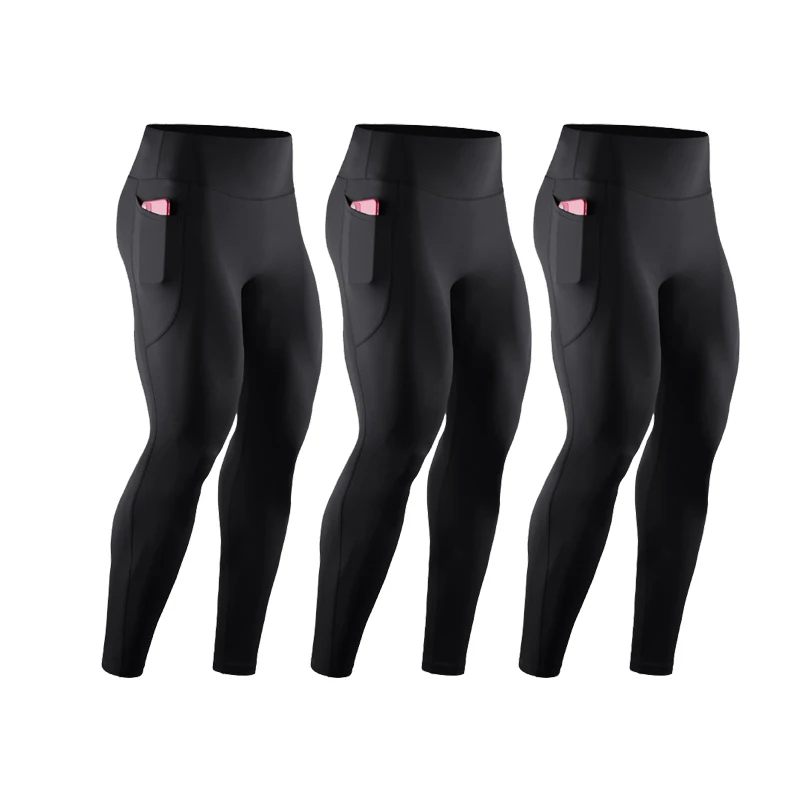 3 Pcs Men High Waist Compression Running Pants With Pockets Quick Dry Gym Fitness Long Tights Autumn Winter Sports Leggings