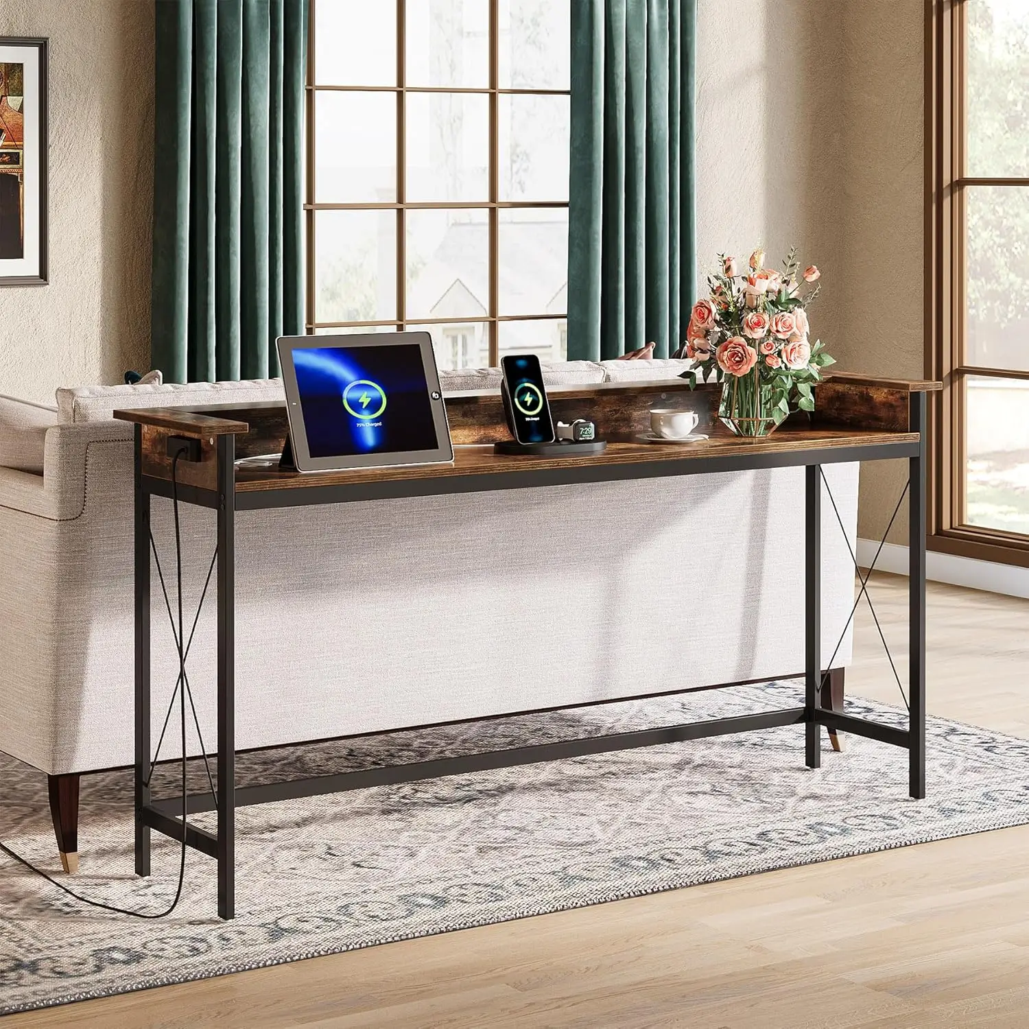 Sofa Table with Outlets and USB Ports, 70.9 inch Extra Long Console Table Behind Couch with Charging Station, Accent Table