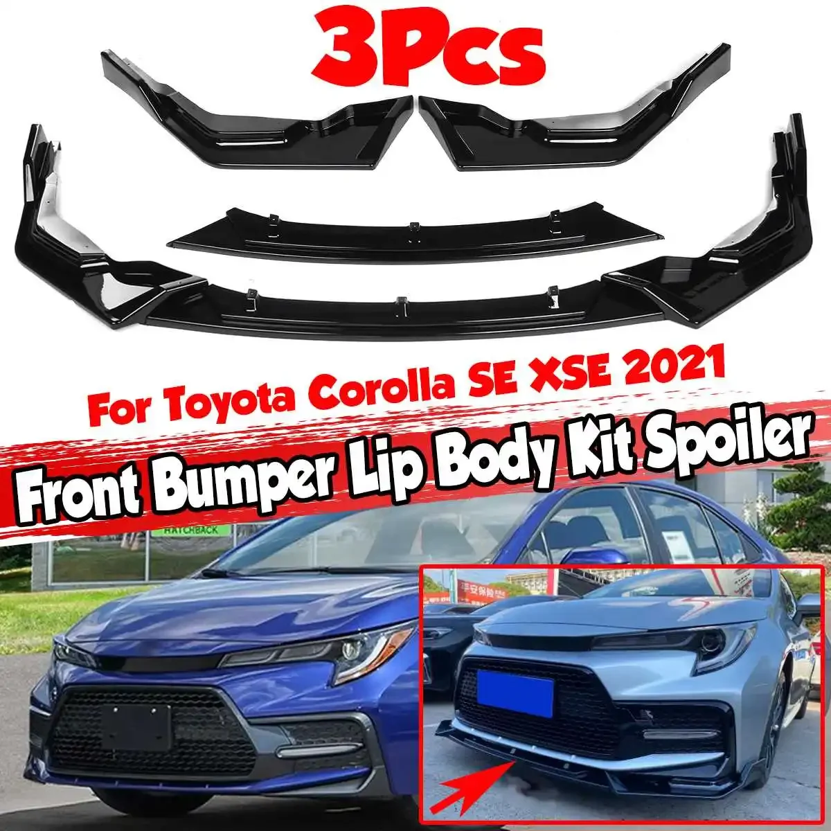 3Pieces Car Front Bumper Lip Deflector Lips Splitter Diffuser Spoiler Cover Trim Body Kit Guard For Toyota Corolla SE XSE 2021