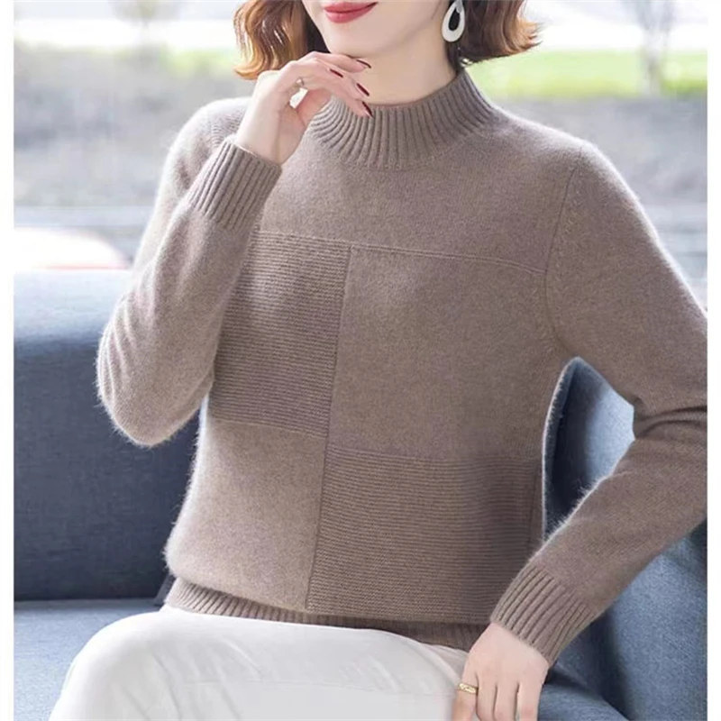 2023 Winter Women Simple Casual Half High Collar Thick Soft Knitted Sweater Female Solid Long Sleeve Loose Pullover Tops Jumpers