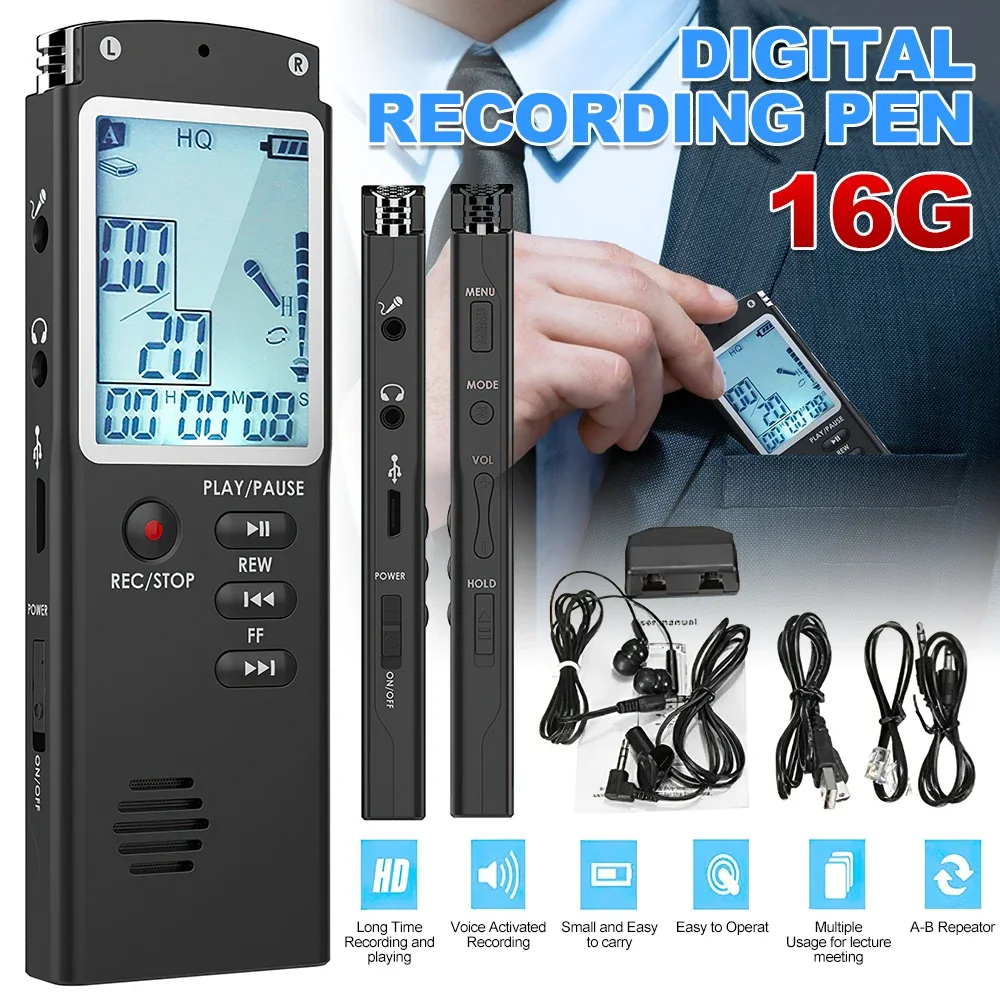 Professional 16GB Voice Recorder Digital Audio Sound Recording MP3 Player Voice Activated Recorder Rechargeable Dictaphone