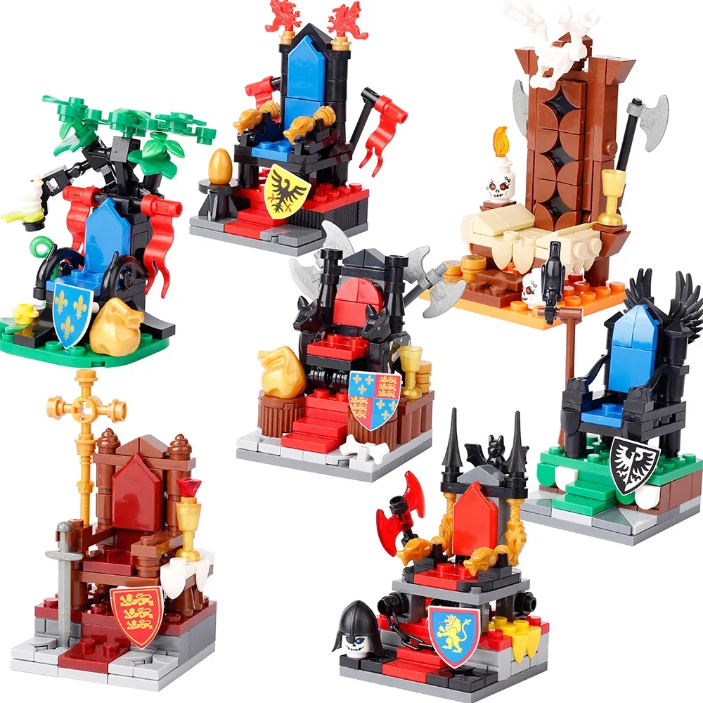 MOC Medieval Military Castle Throne Building Blocks Kit Knight Shield Soldiers Figures Viking Pirate Weapons Bricks Toys Gift